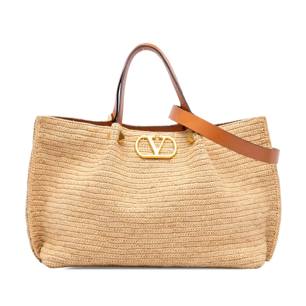 Valentino Medium Raffia VLogo Tote Beige Very good - Front View