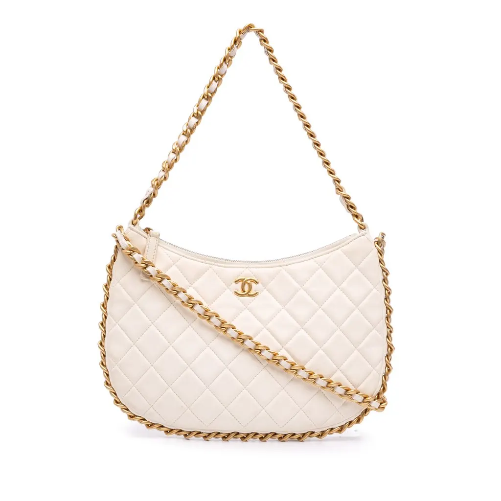 Chanel Large Shiny Crumpled Quilted Lambskin Trendy Chain Around Hobo White Leather Very good - Front View