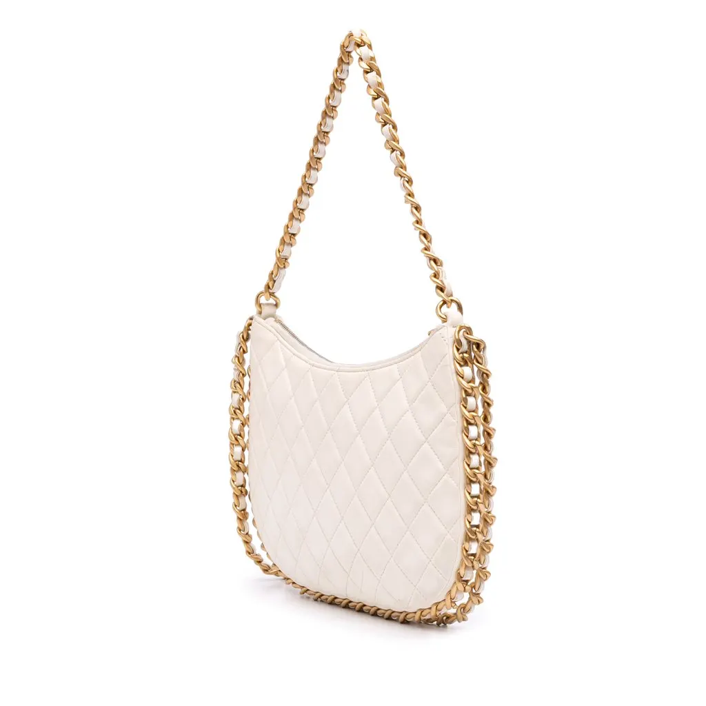 Chanel Large Shiny Crumpled Quilted Lambskin Trendy Chain Around Hobo White Leather Very good - Back View
