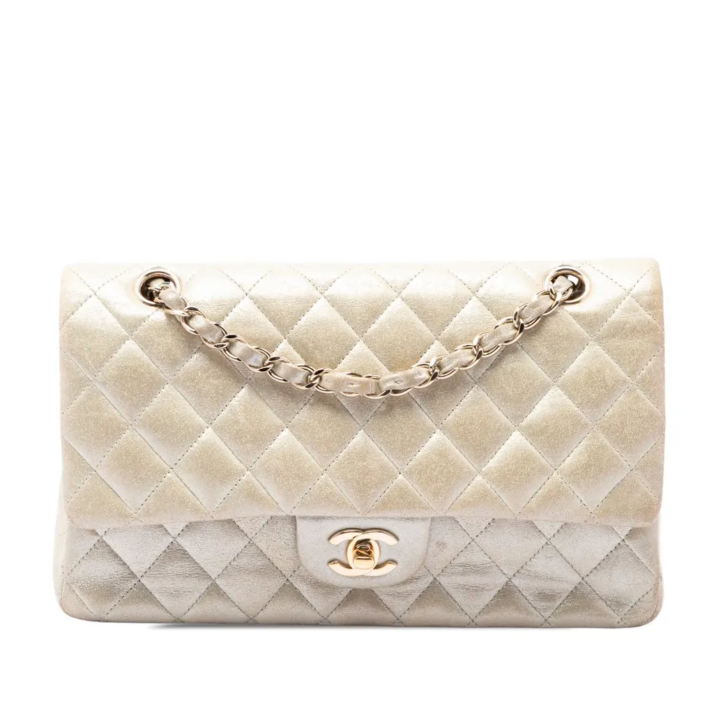 Chanel Medium Classic Iridescent Calfskin Double Flap Gold Leather Very good - Front View