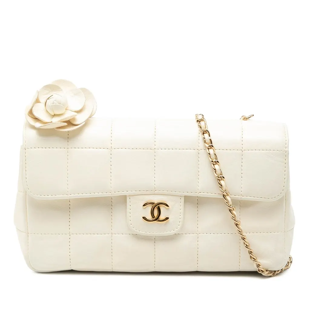 Chanel Mini Lambskin Chocolate Bar Camellia Flap White Leather Good - Front View