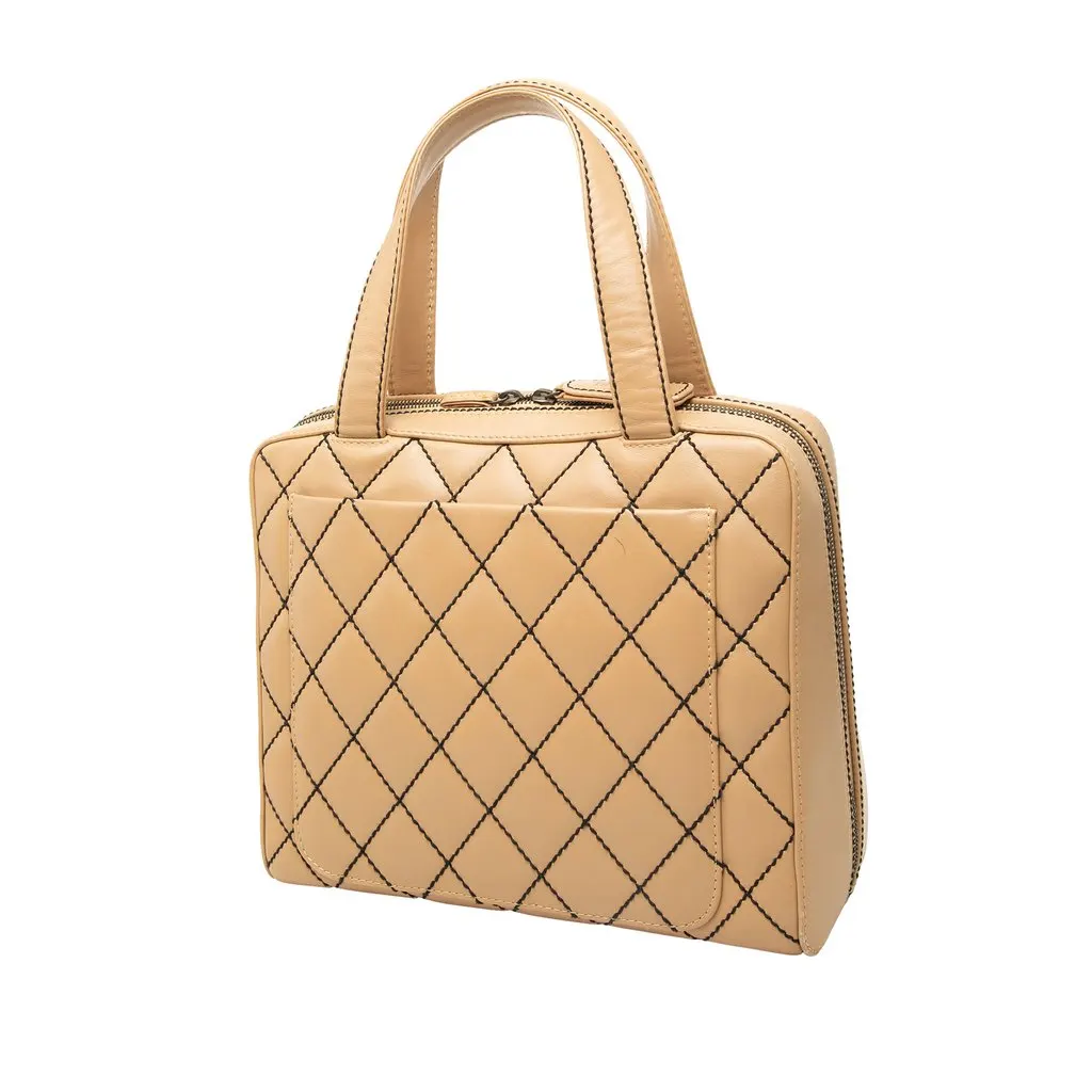 Chanel CC Lambskin Wild Stitch Handbag Beige Leather Very good - Back View