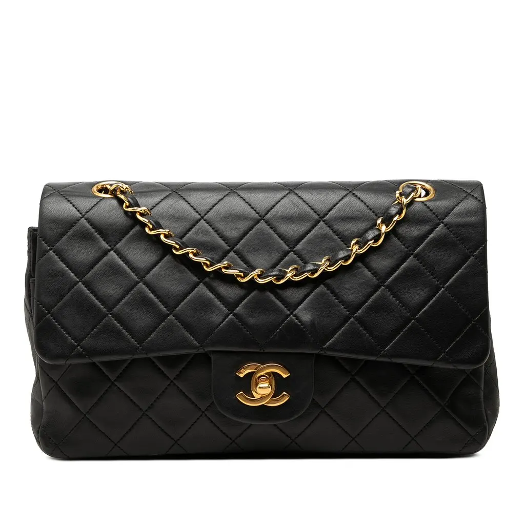Chanel Medium Classic Lambskin Double Flap Black Leather Very good - Front View