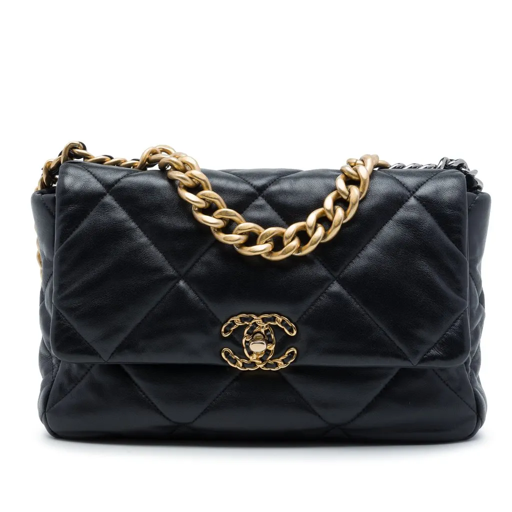 Chanel Large Lambskin 19 Flap Black Leather Very good - Front View