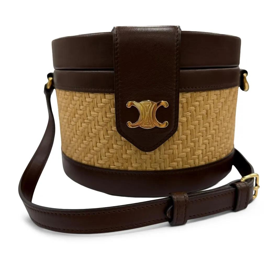 Celine Medium Raffia and Calfskin Triomphe Tambour Crossbody Beige Very good - Front View