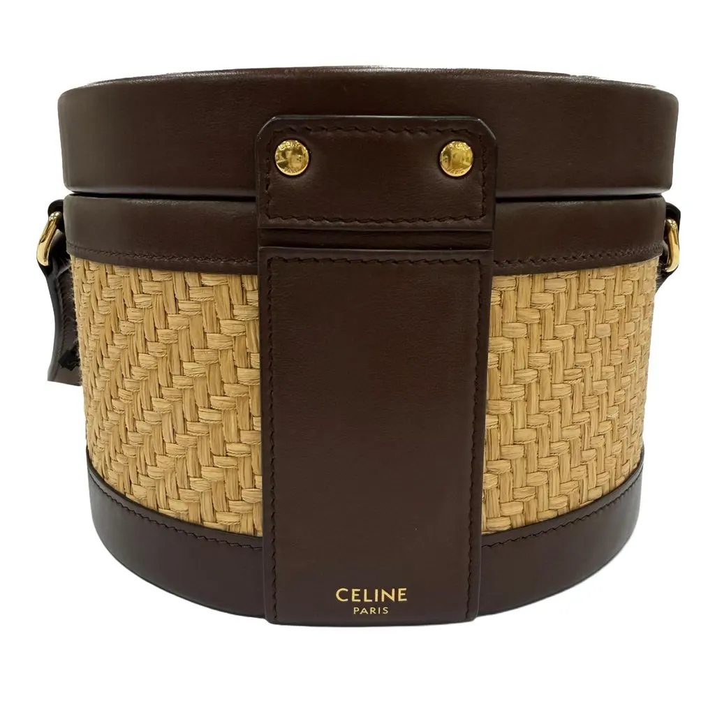 Celine Medium Raffia and Calfskin Triomphe Tambour Crossbody Beige Very good - Back View
