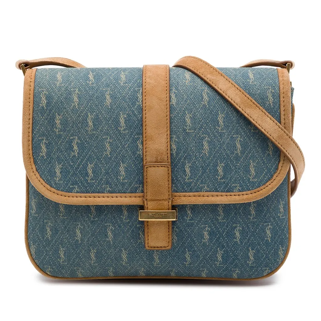 Saint Laurent Le Monogramme Suede Trimmed Denim Crossbody Blue Denim Very good - Front View