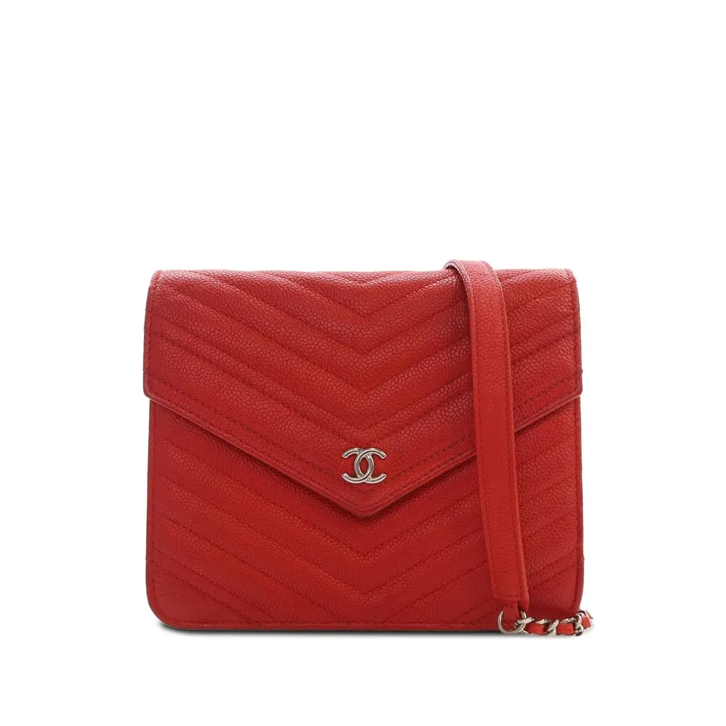 Chanel CC Chevron Caviar Square Wallet On Chain Red Leather Very good - Front View