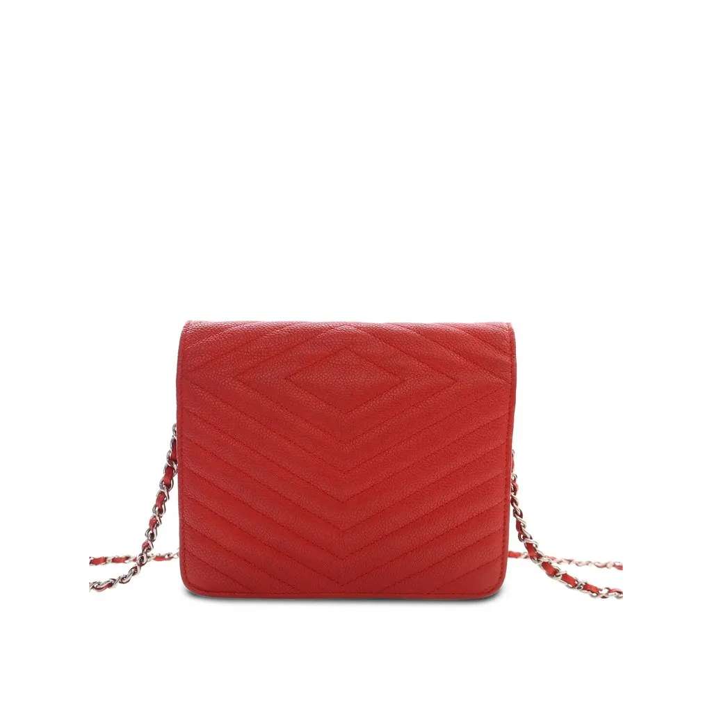 Chanel CC Chevron Caviar Square Wallet On Chain Red Leather Very good - Back View