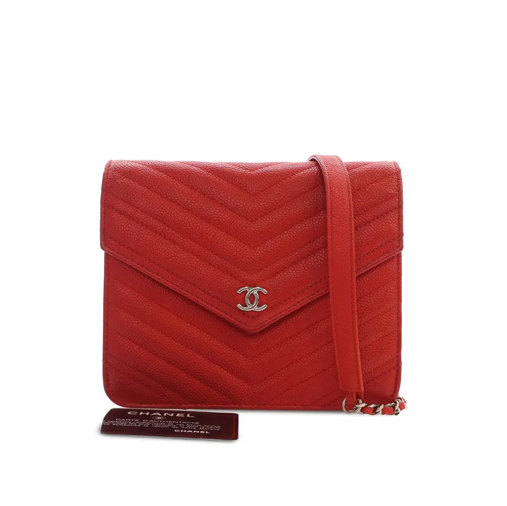 Chanel CC Chevron Caviar Square Wallet On Chain Red Leather Very good - Box View