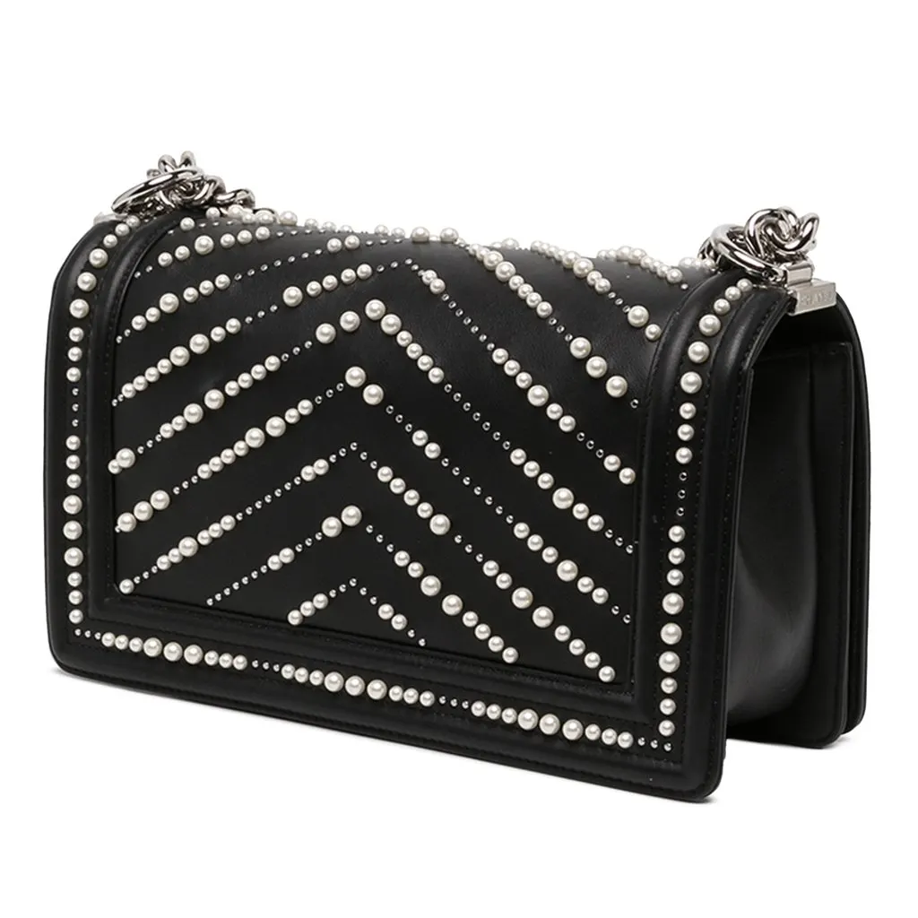 Chanel Old Medium Chevron Calfskin Pearl Boy Flap Black Leather Very good - Back View