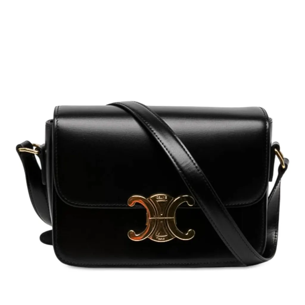 Celine Teen Shiny Calfskin Triomphe Crossbody Black Leather Very good - Front View