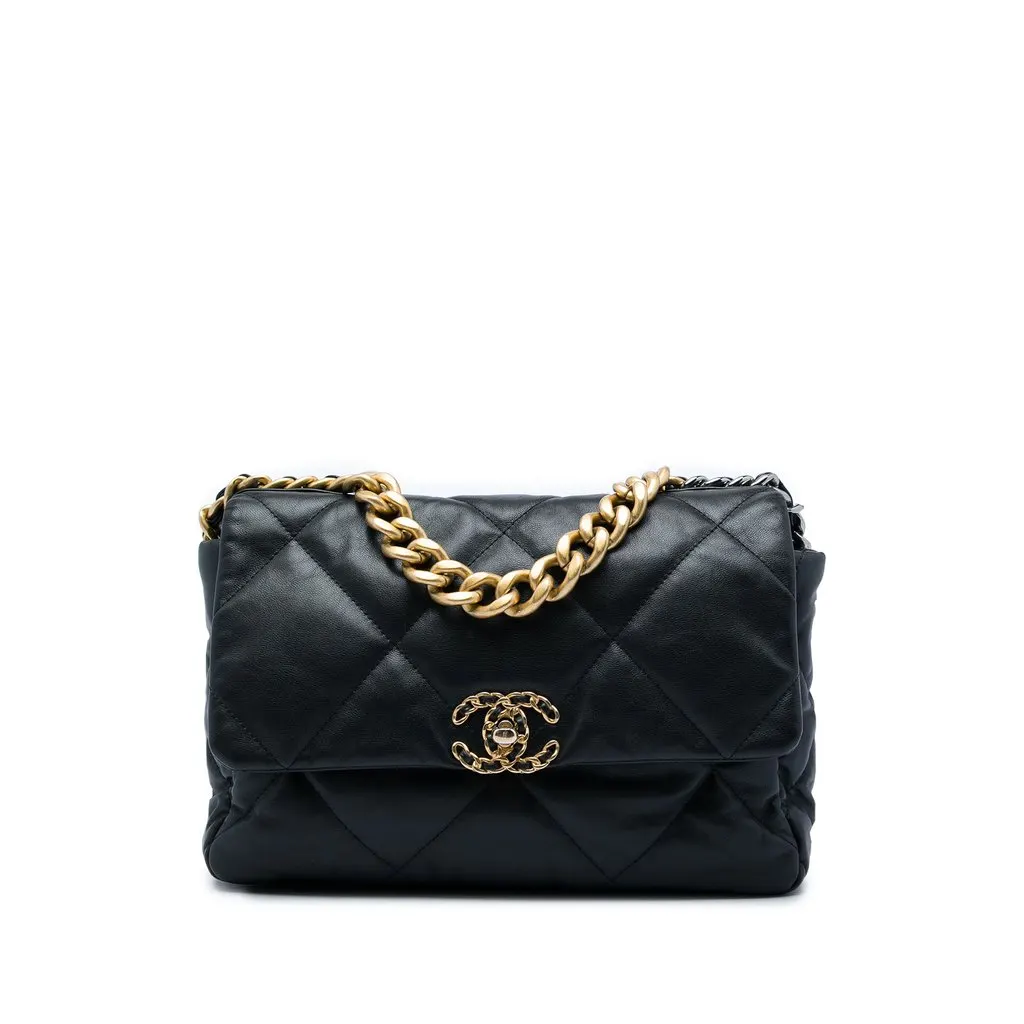 Chanel Large Lambskin 19 Flap Black Leather Very good - Front View