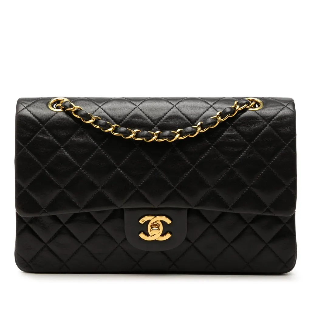 Chanel Medium Classic Lambskin Double Flap Black Leather Good - Front View