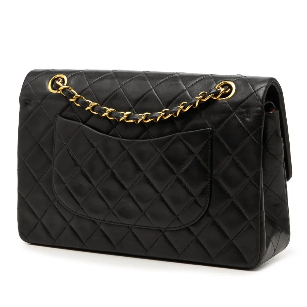 Chanel Medium Classic Lambskin Double Flap Black Leather Good - Back View