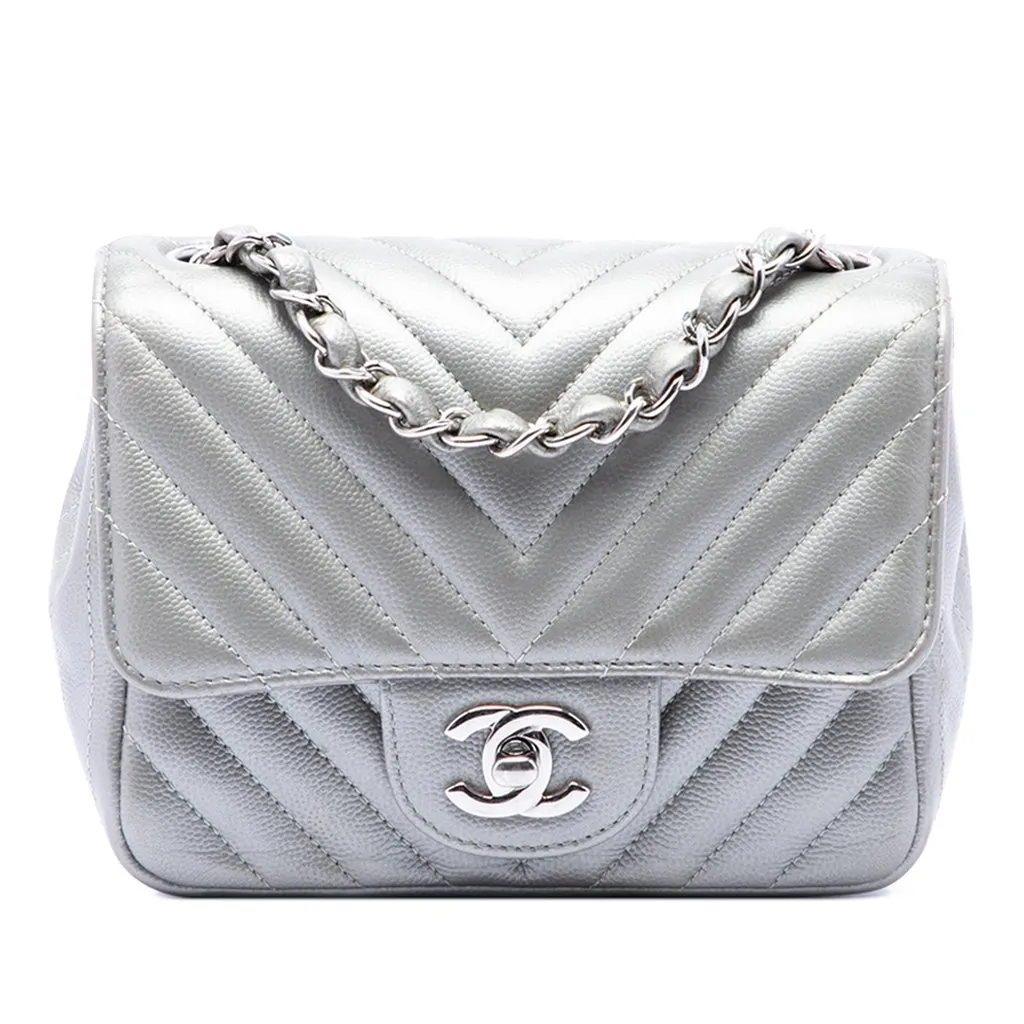 Chanel Mini Square Classic Chevron Caviar Single Flap Silver Leather Good - Front View
