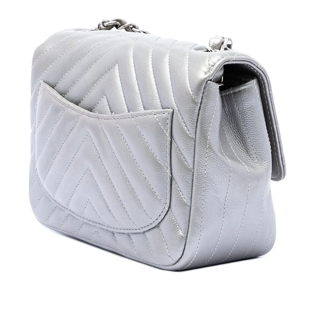 Chanel Mini Square Classic Chevron Caviar Single Flap Silver Leather Good - Back View