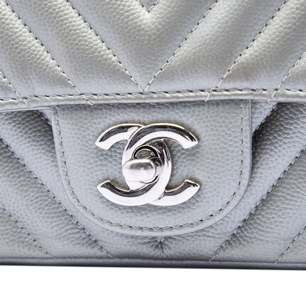 Chanel Mini Square Classic Chevron Caviar Single Flap Silver Leather Good - Box View