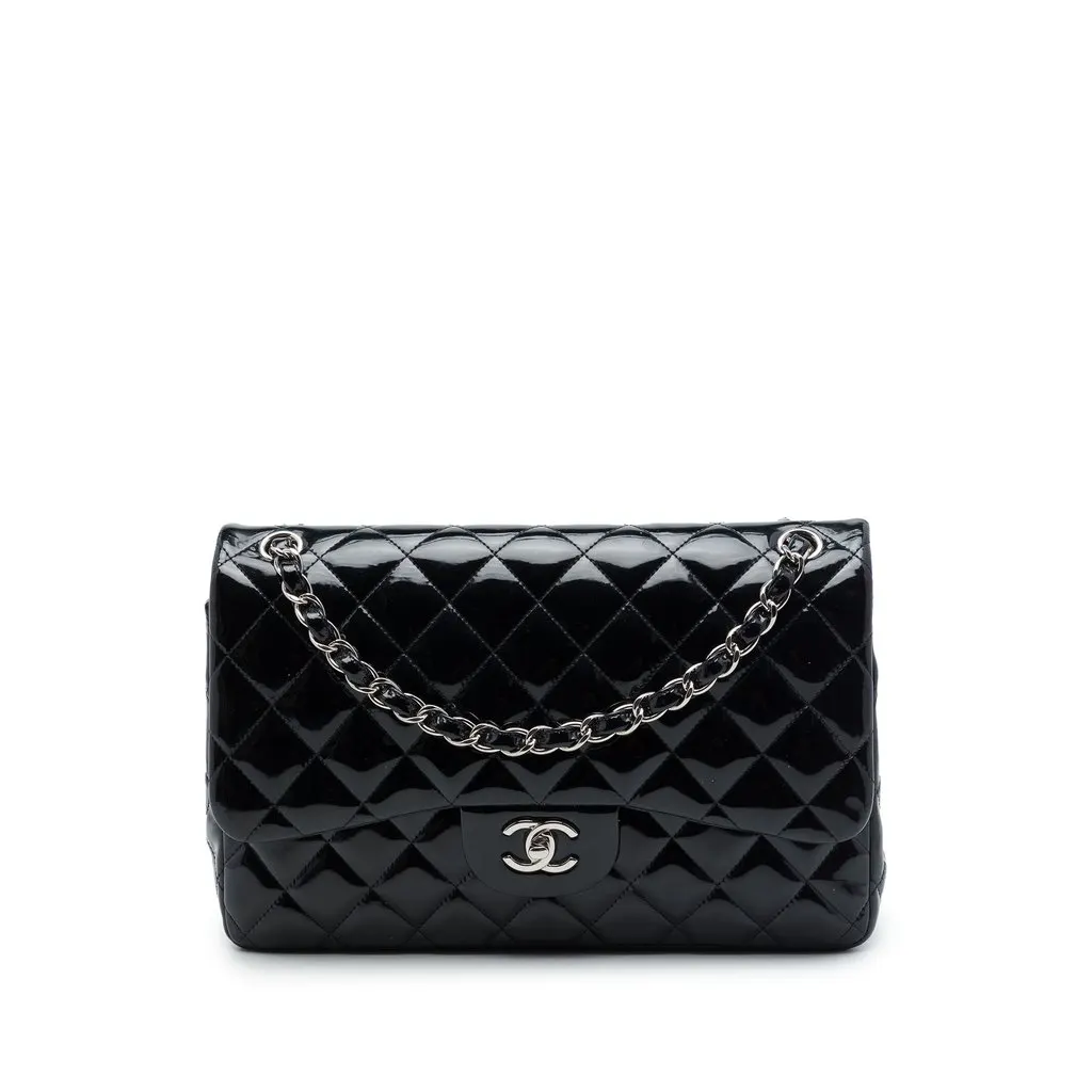 Chanel Jumbo Classic Patent Double Flap Black Leather Good - Front View