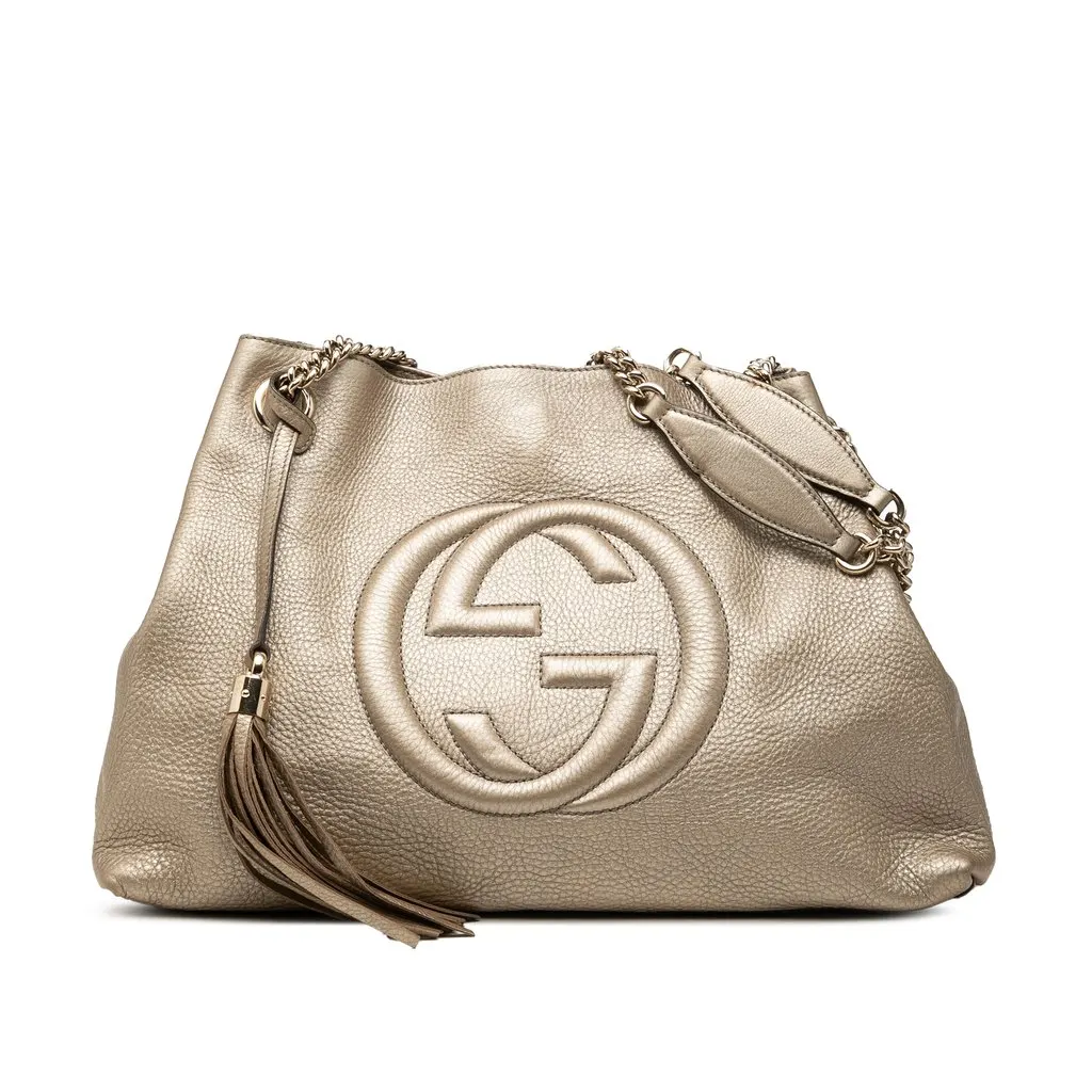 Gucci Medium Metallic Calfskin Soho Chain Tote Gold Leather Good - Front View