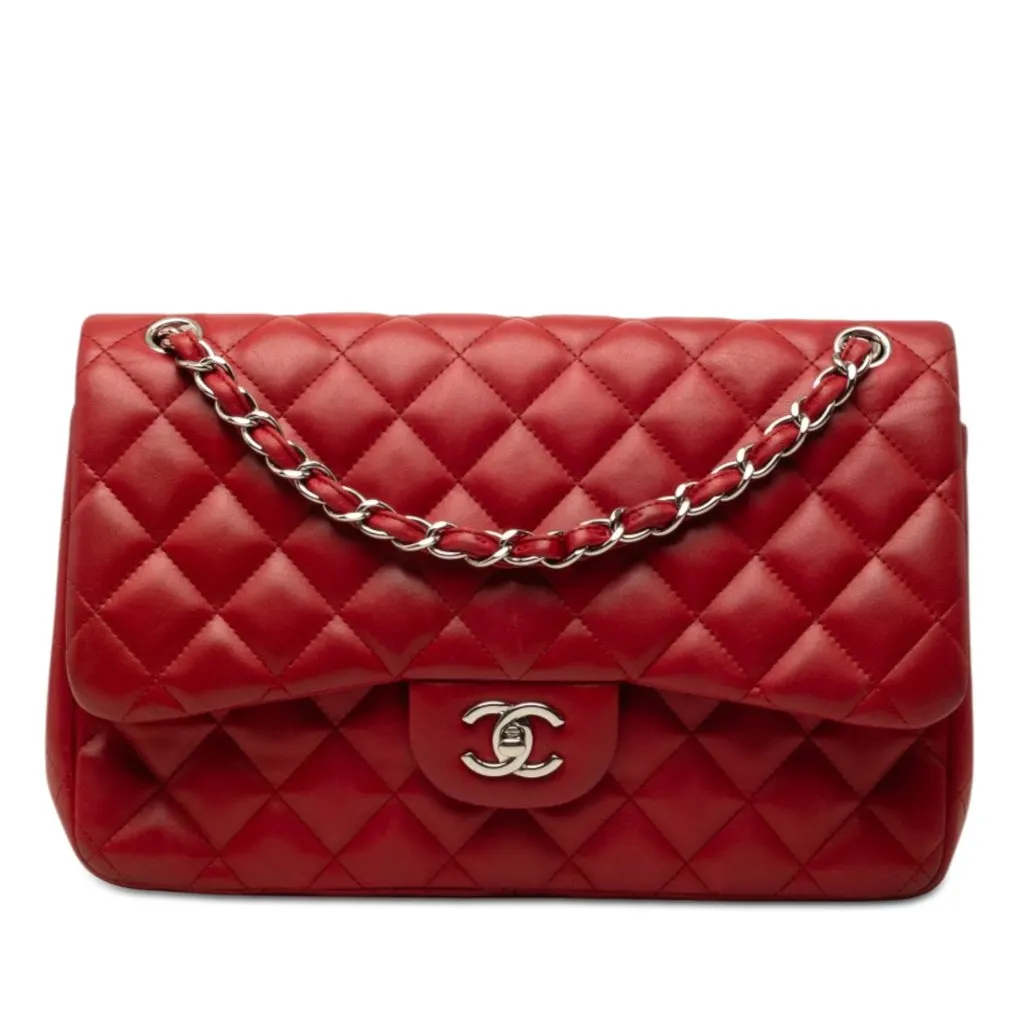 Chanel Jumbo Classic Lambskin Double Flap Red Leather Good - Front View
