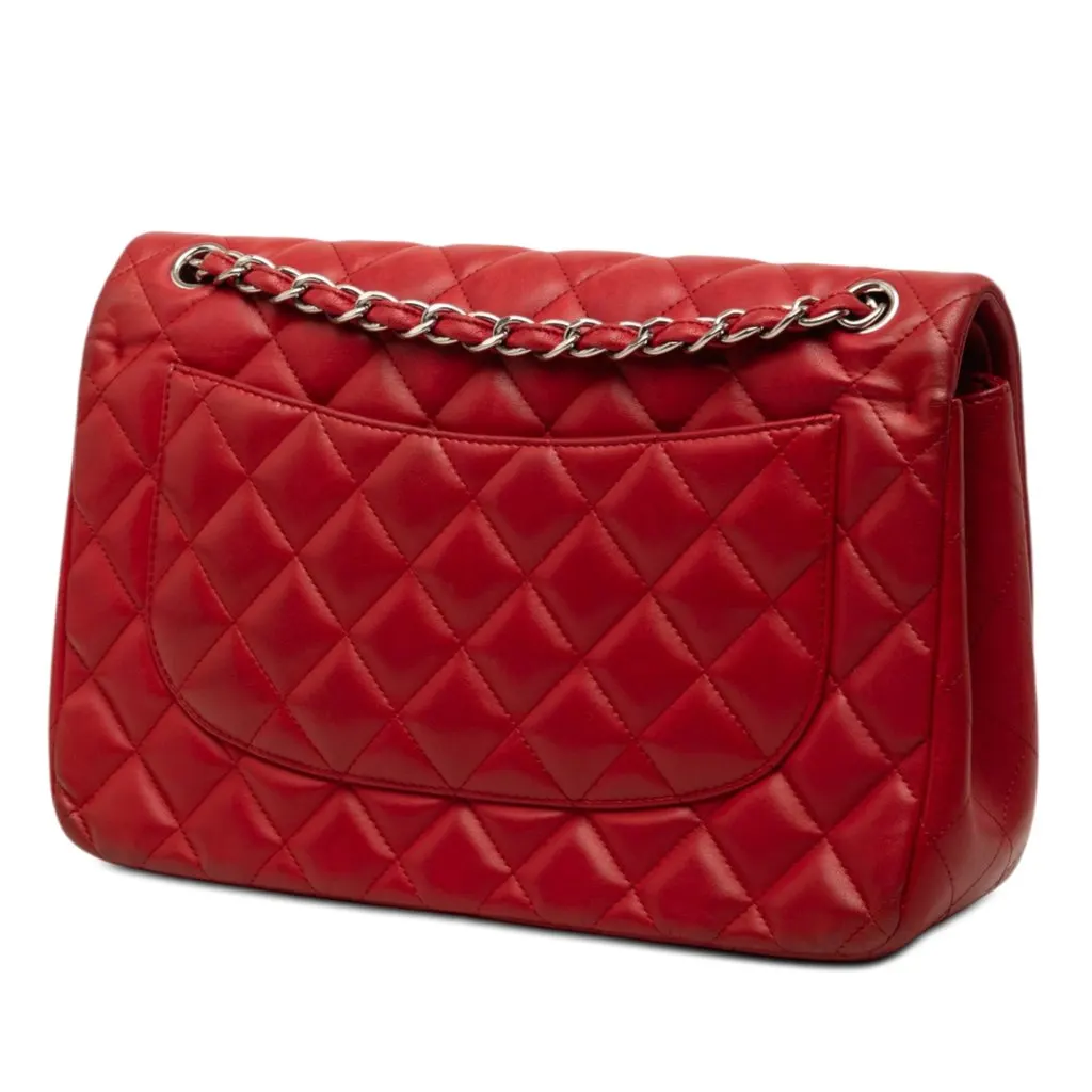 Chanel Jumbo Classic Lambskin Double Flap Red Leather Good - Back View