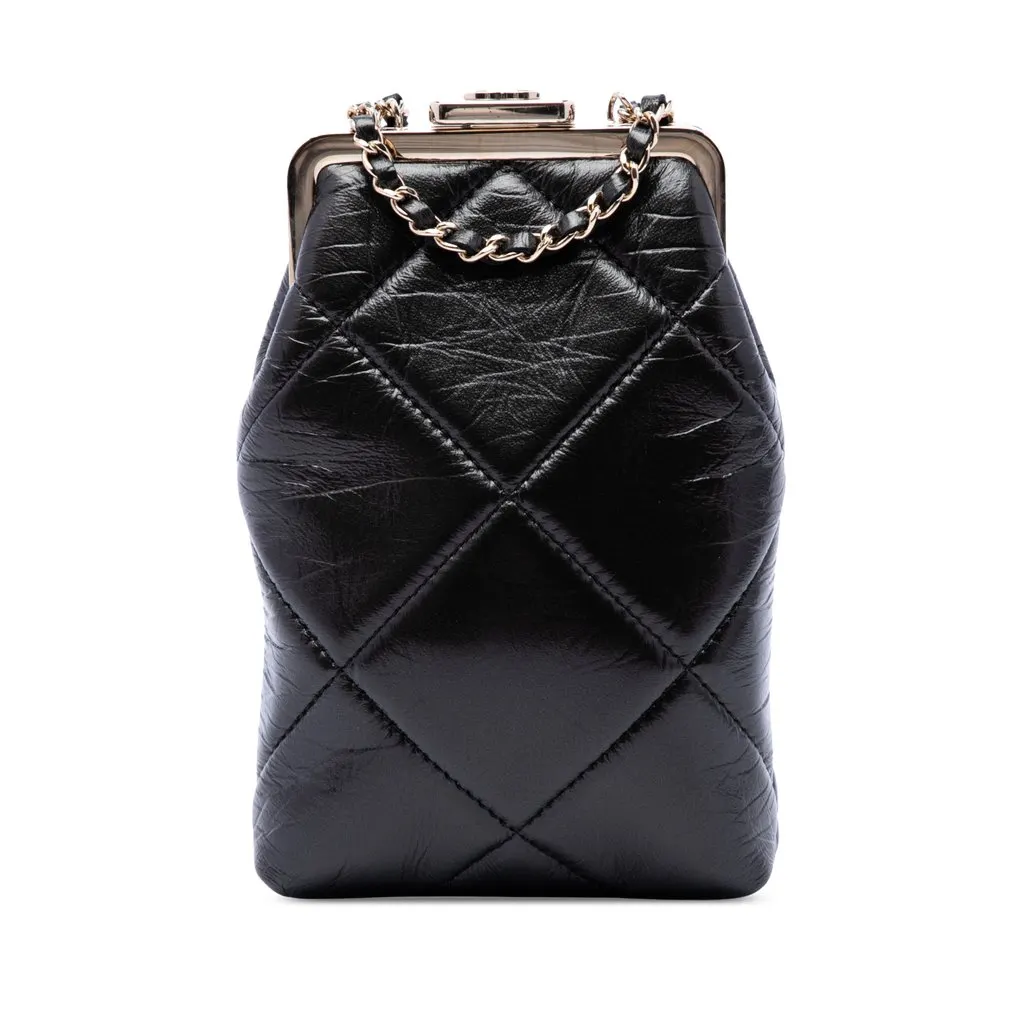 Chanel Small CC Quilted Lambskin Kisslock Frame Clutch Black Leather Very good - Front View