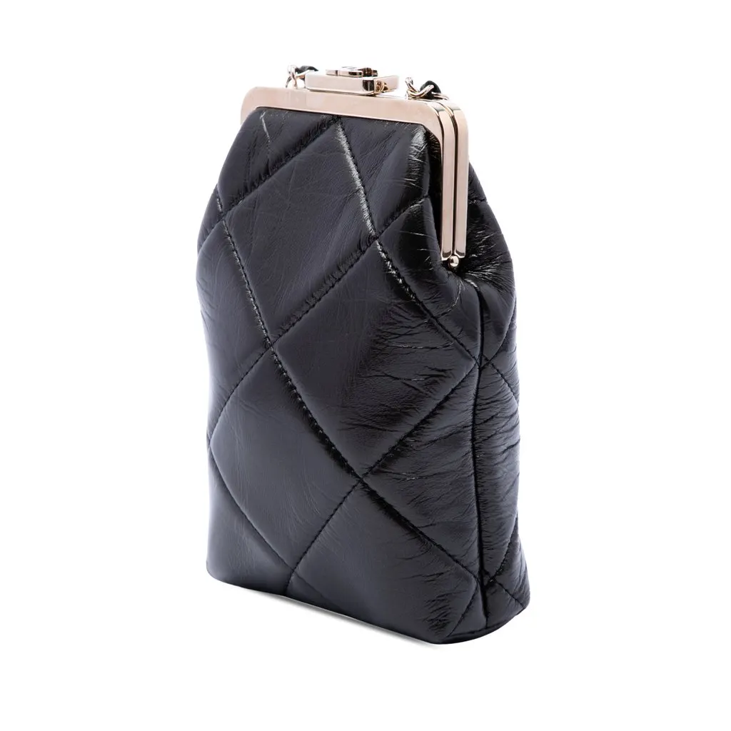 Chanel Small CC Quilted Lambskin Kisslock Frame Clutch Black Leather Very good - Back View
