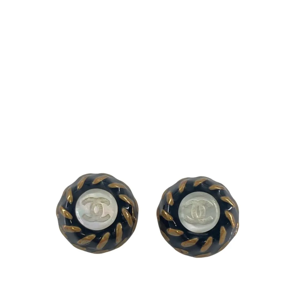 Chanel CC Resin and Gold Plated Clip On Earrings Black Plastic Very good - Front View