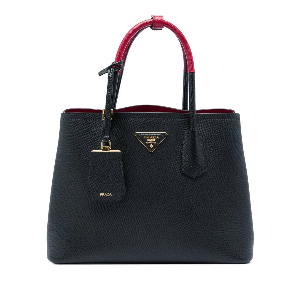 Prada Medium Bicolor Saffiano Cuir Double Satchel Black Leather Very good - Front View