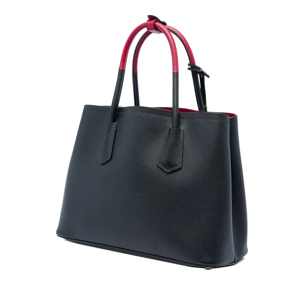 Prada Medium Bicolor Saffiano Cuir Double Satchel Black Leather Very good - Back View
