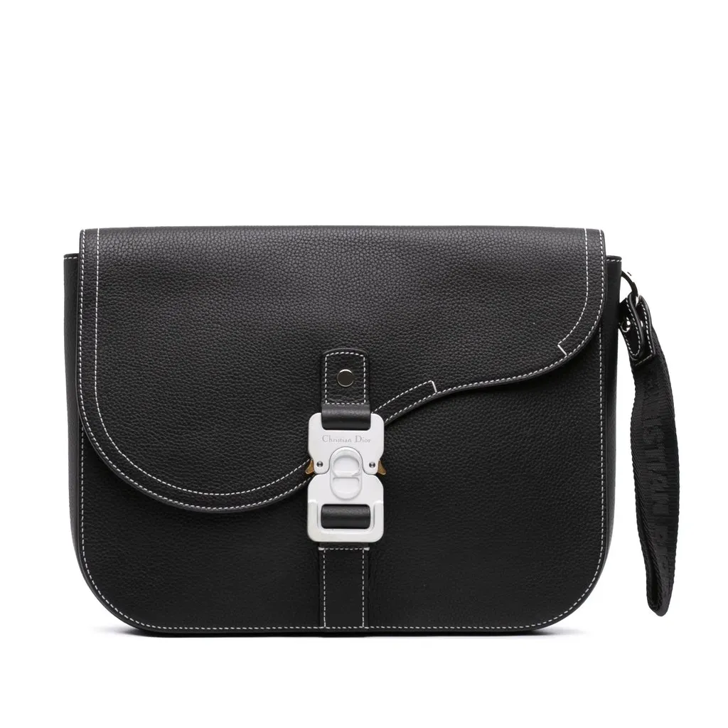 Dior Medium Grained Calfskin Saddle Clutch with Flap Black Leather Very good - Front View