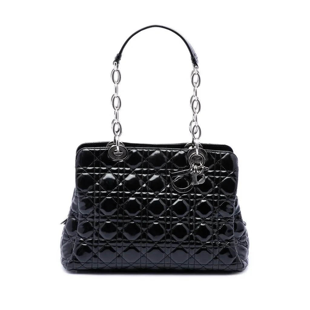 Dior Medium Patent Cannage Lady Dior Soft Shopping Tote Black Leather Very good - Front View