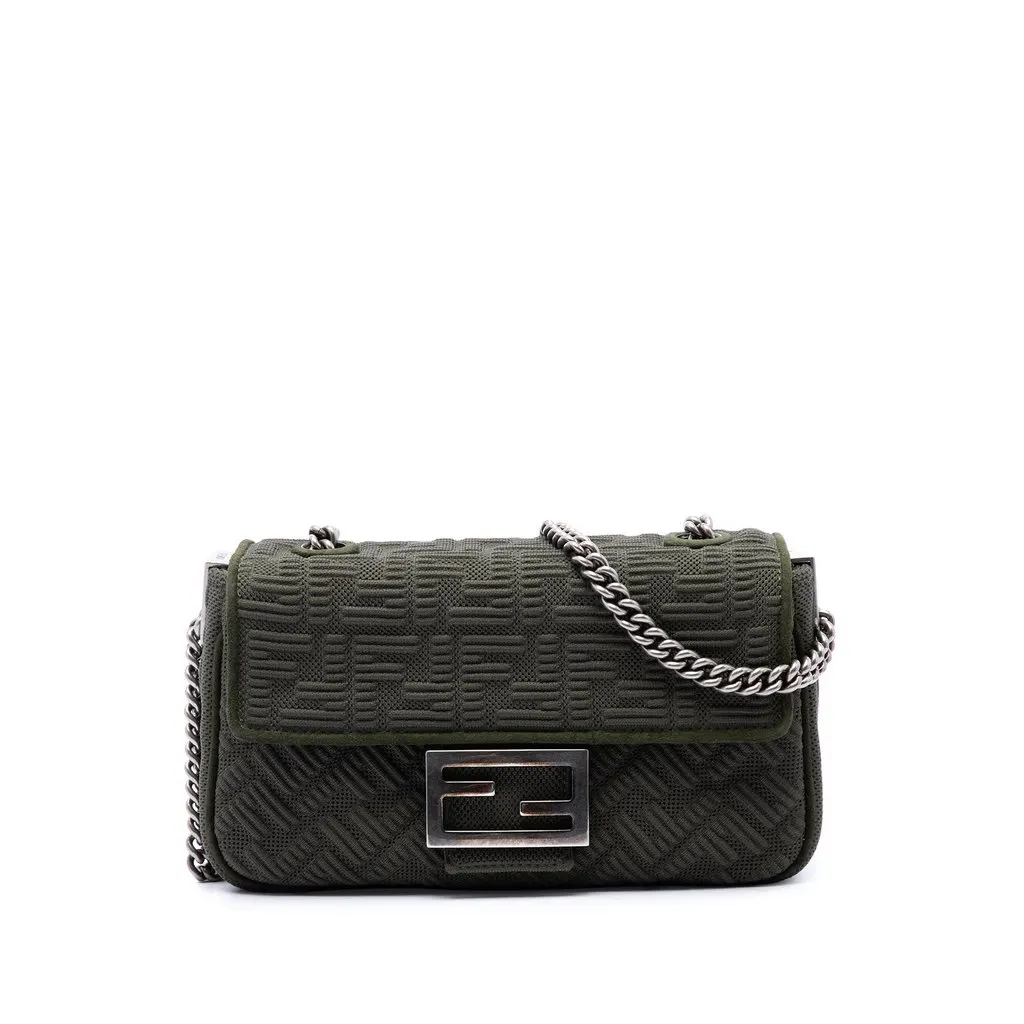 Fendi Zucca Embossed Technical Fabric Chain Midi Baguette Green Polyamide Very good - Front View