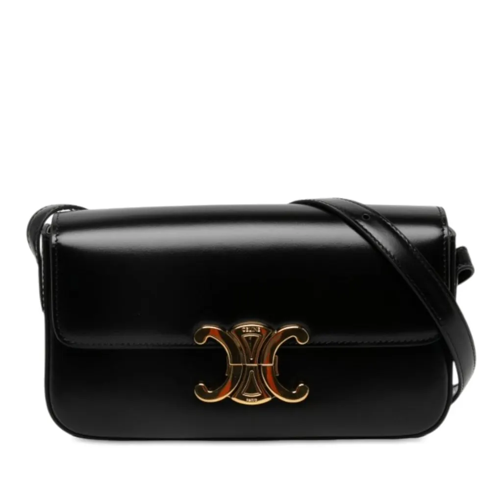 Celine Shiny Calfskin Triomphe Claude Shoulder Bag Black Leather Never worn - Front View