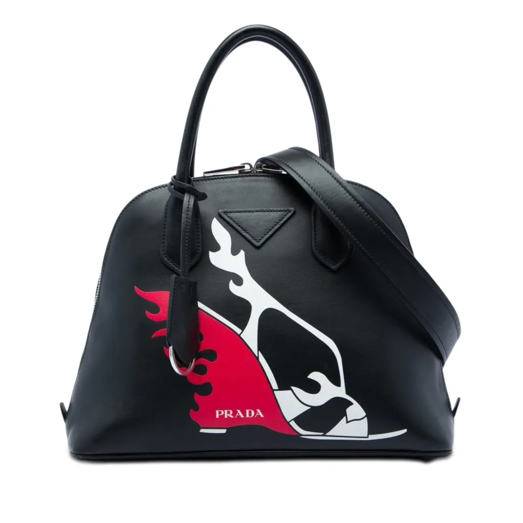 Prada City Calf Flame Heels Print Promenade Satchel Black Leather Very good - Front View