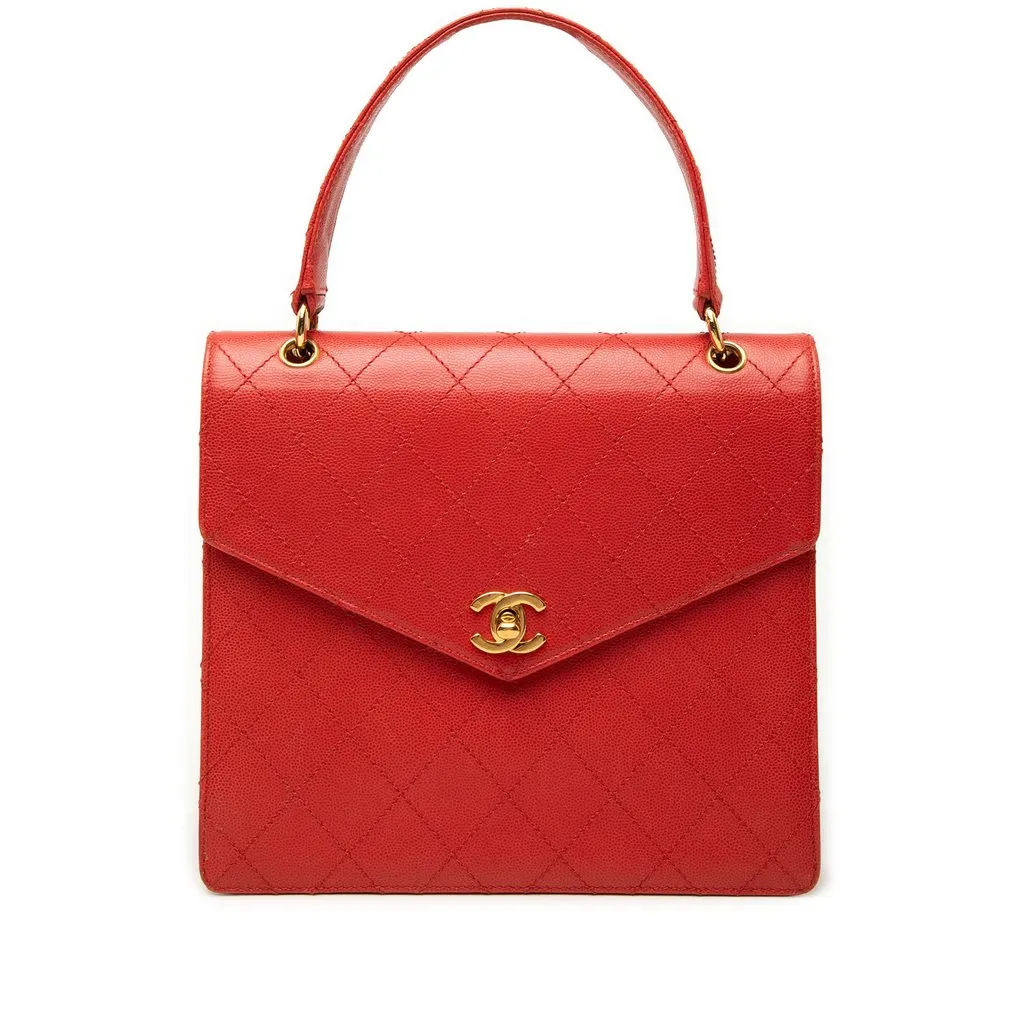 Chanel CC Quilted Caviar Turnlock Top Handle Red Leather Very good - Front View