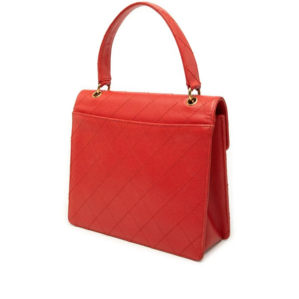 Chanel CC Quilted Caviar Turnlock Top Handle Red Leather Very good - Back View