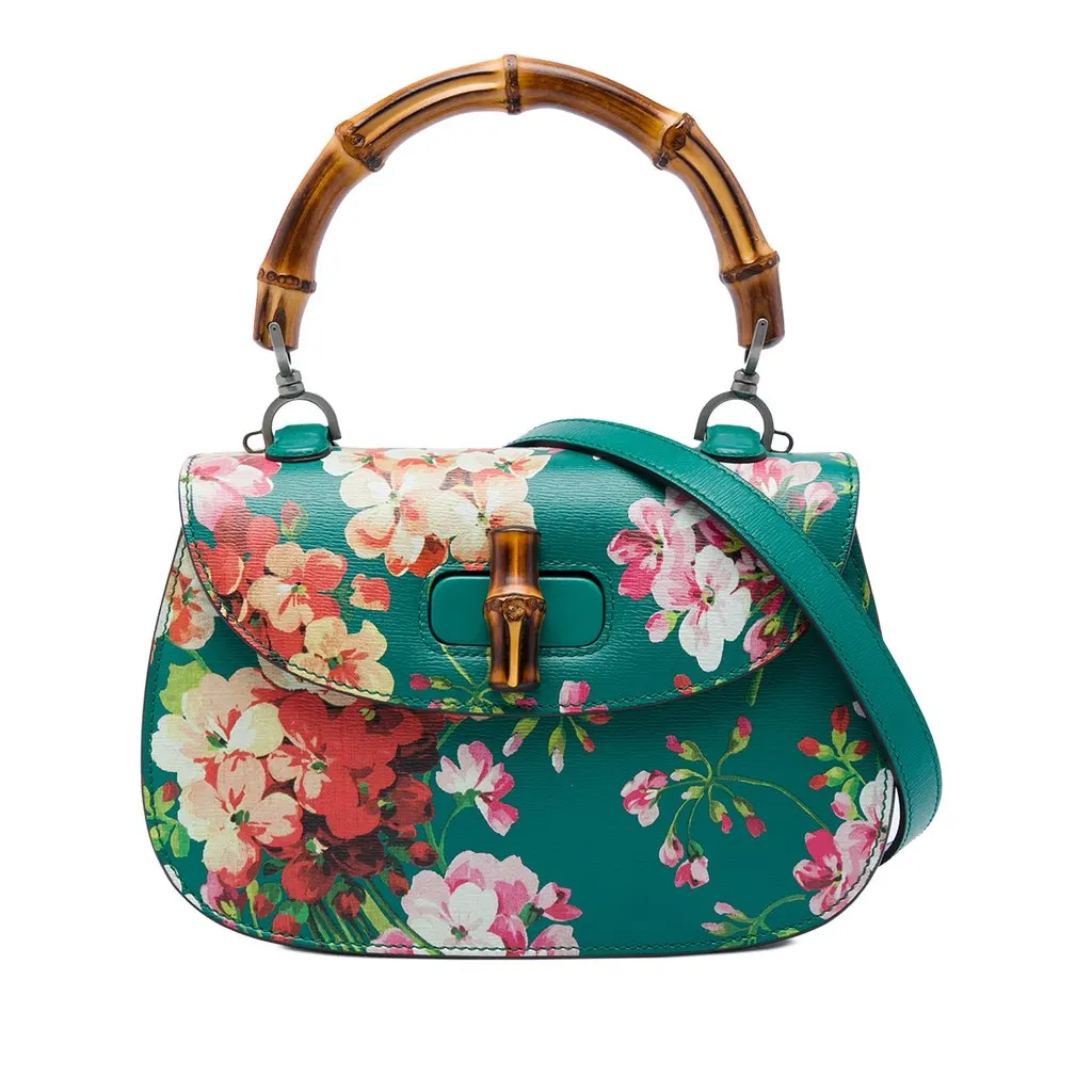 Gucci Medium Calfskin Blooms Bamboo Top Handle Bag Green Leather Good - Front View