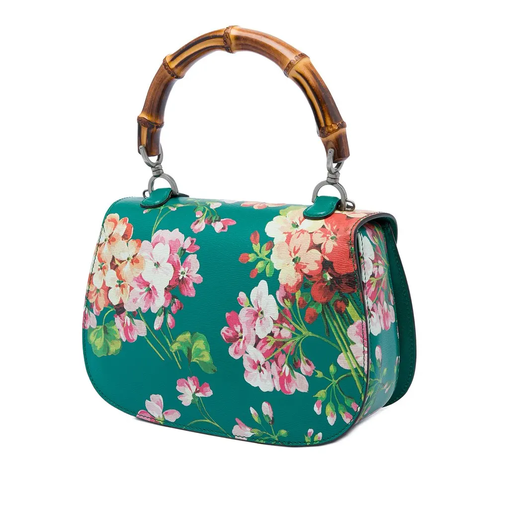Gucci Medium Calfskin Blooms Bamboo Top Handle Bag Green Leather Good - Back View
