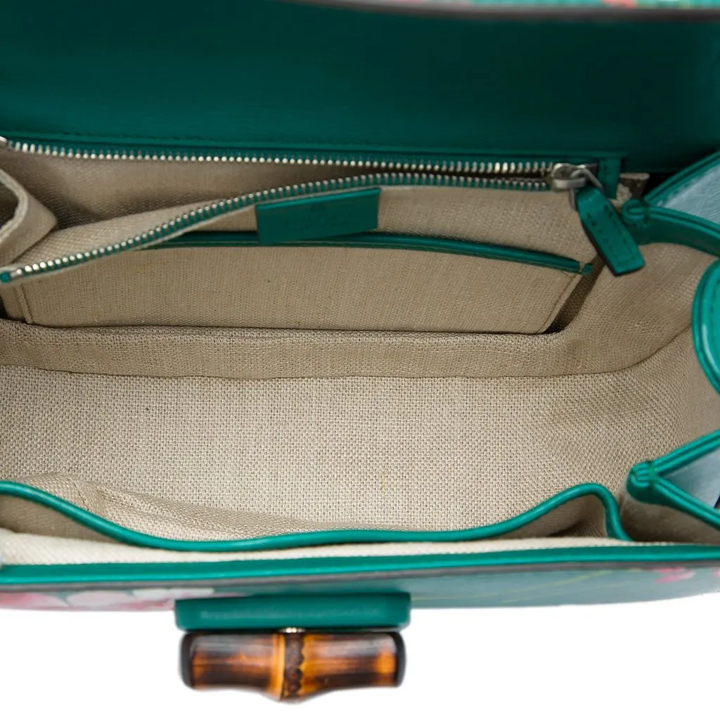 Gucci Medium Calfskin Blooms Bamboo Top Handle Bag Green Leather Good - Model View
