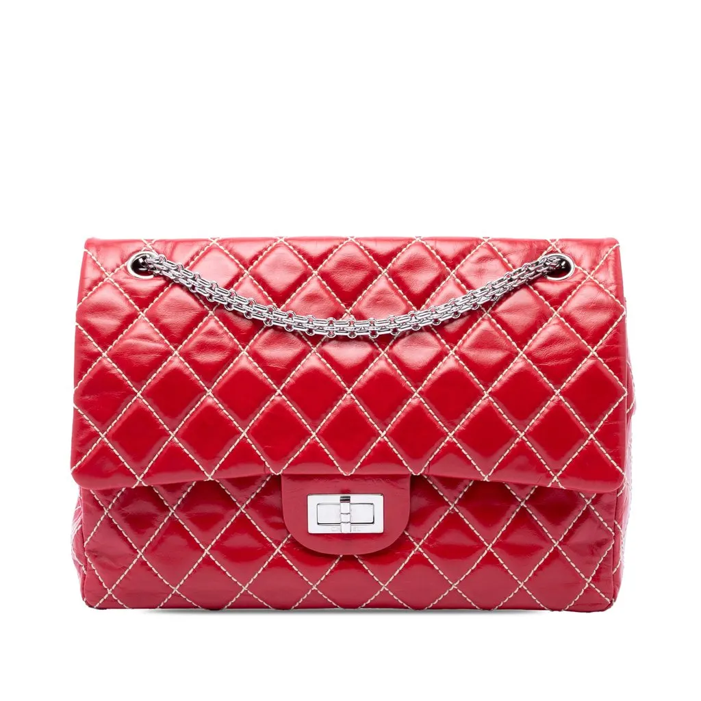 Chanel Quilted Glazed Calfskin Reissue 2.55 Surpique Double Flap 227 Red Leather Very good - Front View