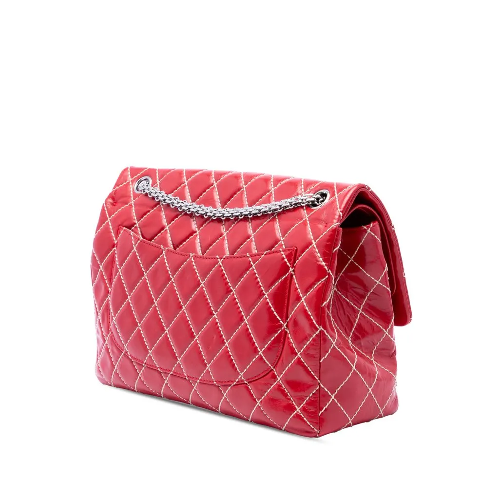 Chanel Quilted Glazed Calfskin Reissue 2.55 Surpique Double Flap 227 Red Leather Very good - Back View