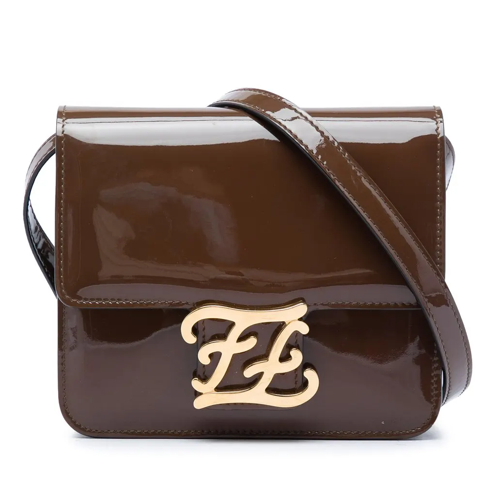Fendi Patent Karligraphy Crossbody Brown Leather Very good - Front View