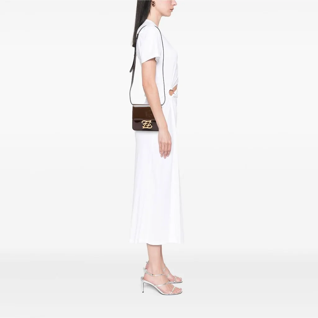 Fendi Patent Karligraphy Crossbody Brown Leather Very good - Box View