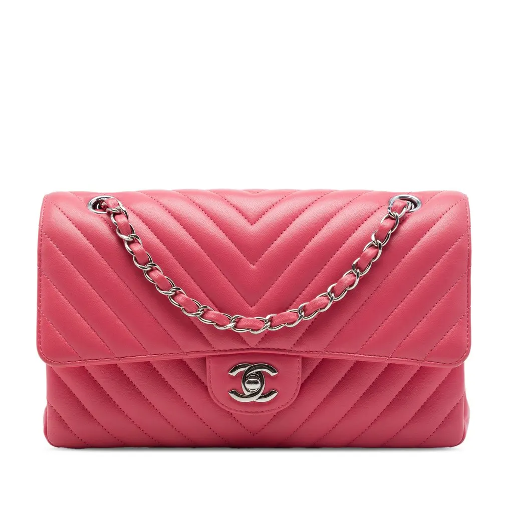 Chanel Medium Classic Chevron Lambskin Double Flap Pink Leather Very good - Front View