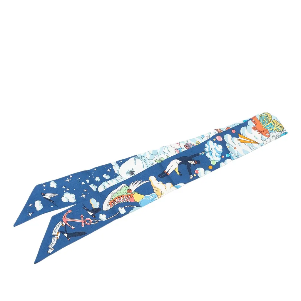 Hermès Sur Mon Nuage Silk Twilly Scarf Blue Silk Never worn - Front View