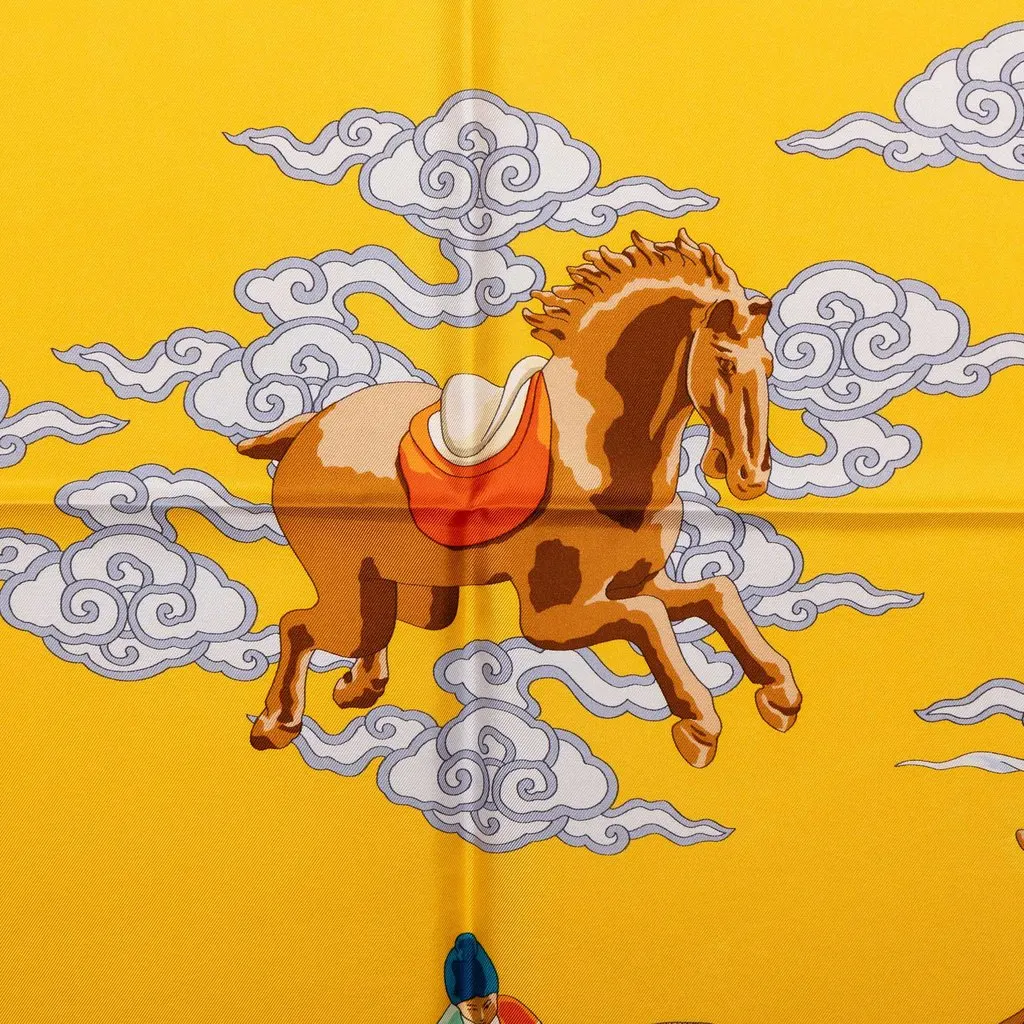 Hermès Heavenly Horses Silk Scarf 90 Yellow Silk Very good - Back View