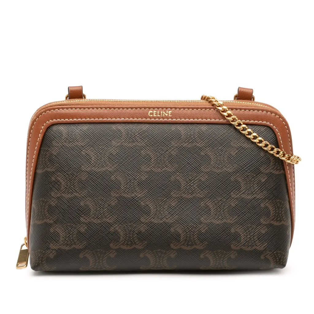 Celine Triomphe Coated Canvas Clutch On Chain Brown Canvas Good - Front View