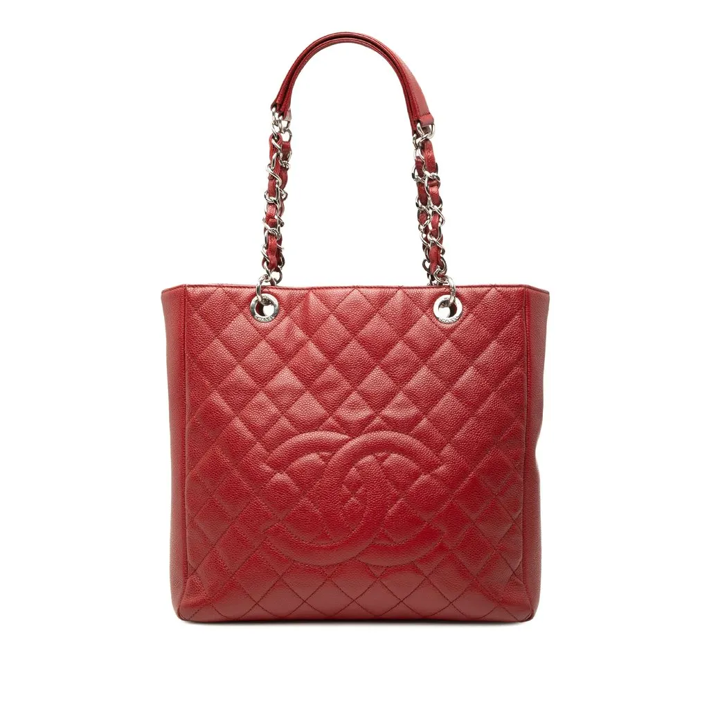 Chanel Caviar Vertical Grand Shopping Tote Red Leather Very good - Front View